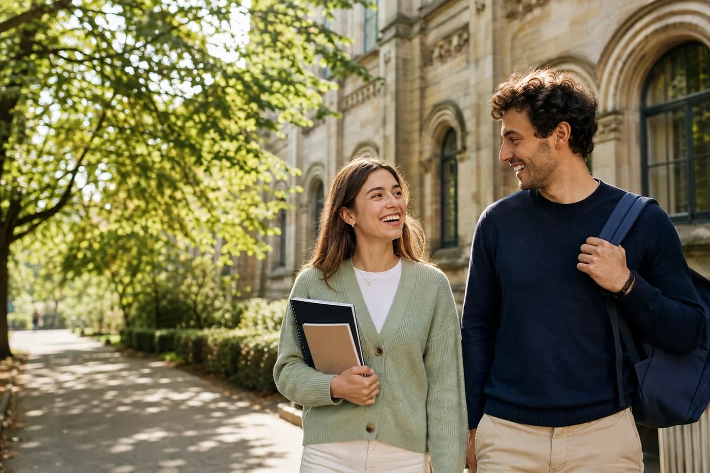 Zwei Studierende auf dem Campus – KI-generiertes Motiv