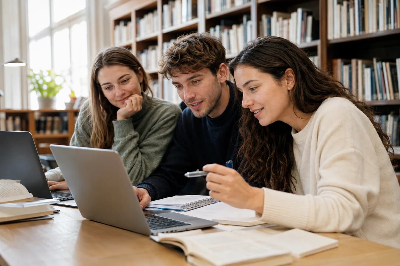 Studierende lernen gemeinsam in einer sonnigen Bibliothek – KI-generiertes Motiv